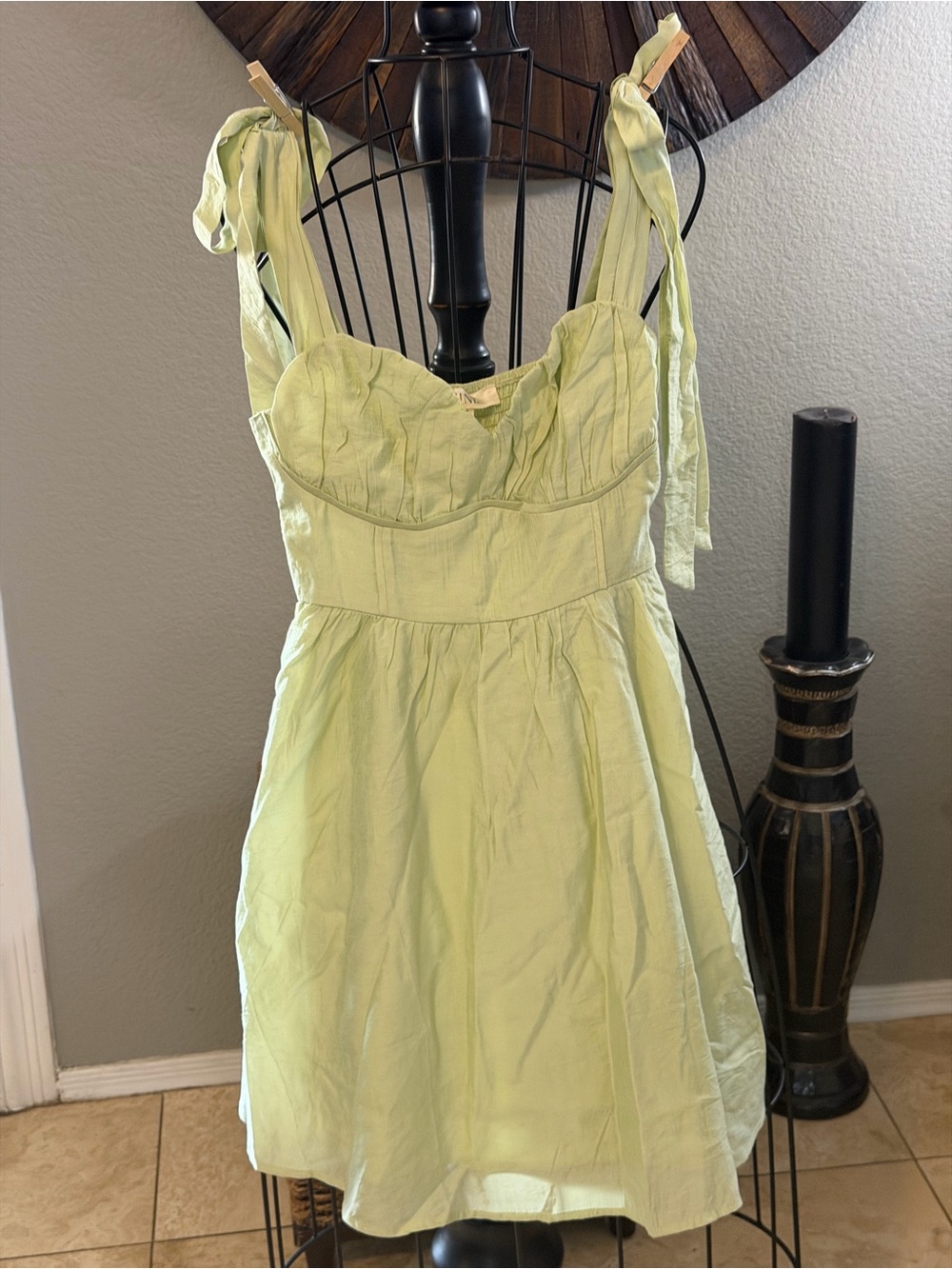 Sage Green Corset Mini Flare Lined Dress Sleeveless Bow Tie Shoulder Size Small